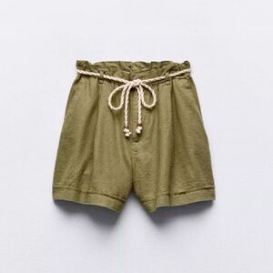Zara Olive Green High-Waist Paperbag Shorts